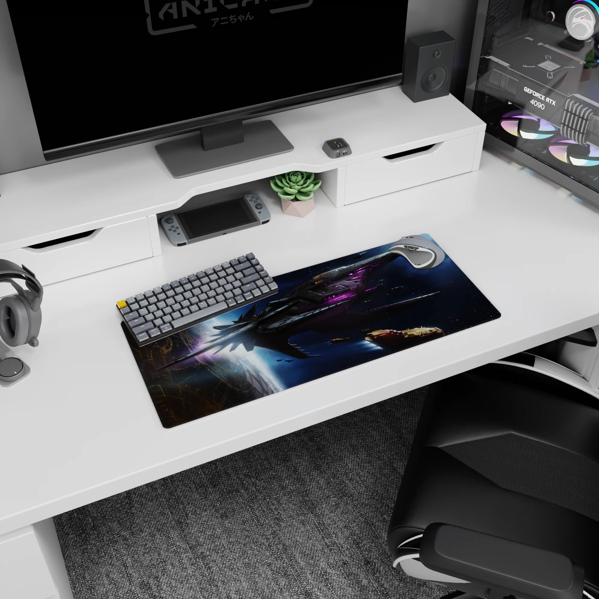 Sleek starship slicing through a starry nebula mouse pad, 28x12 inches, tiny scattered stars.