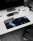 Sleek starship slicing through a starry nebula mouse pad, 28x12 inches, tiny scattered stars.