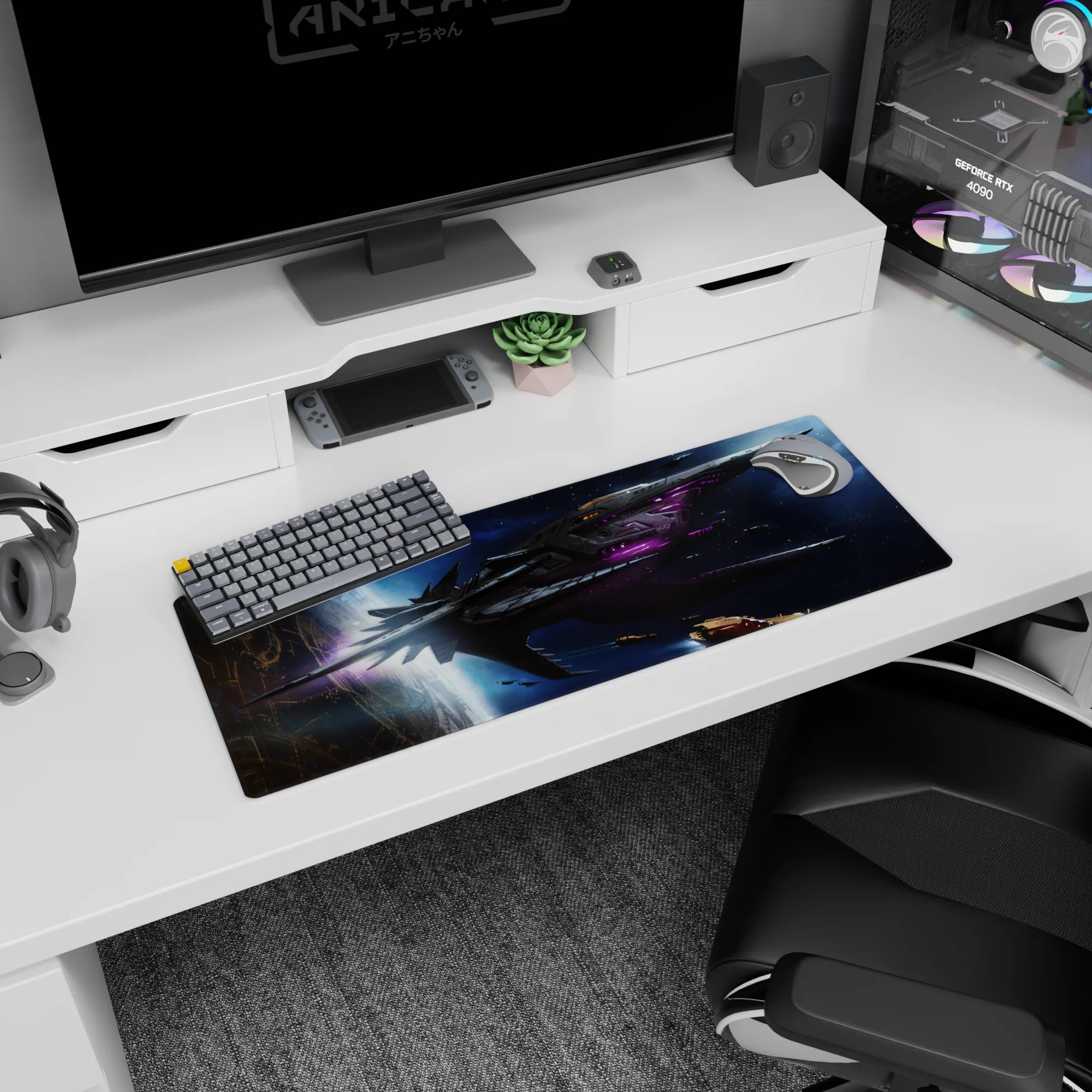 Starship slicing through a starry nebula scene on an extended mouse pad 32x12 inches.