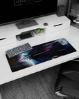 Starship slicing through a starry nebula scene on an extended mouse pad 32x12 inches.