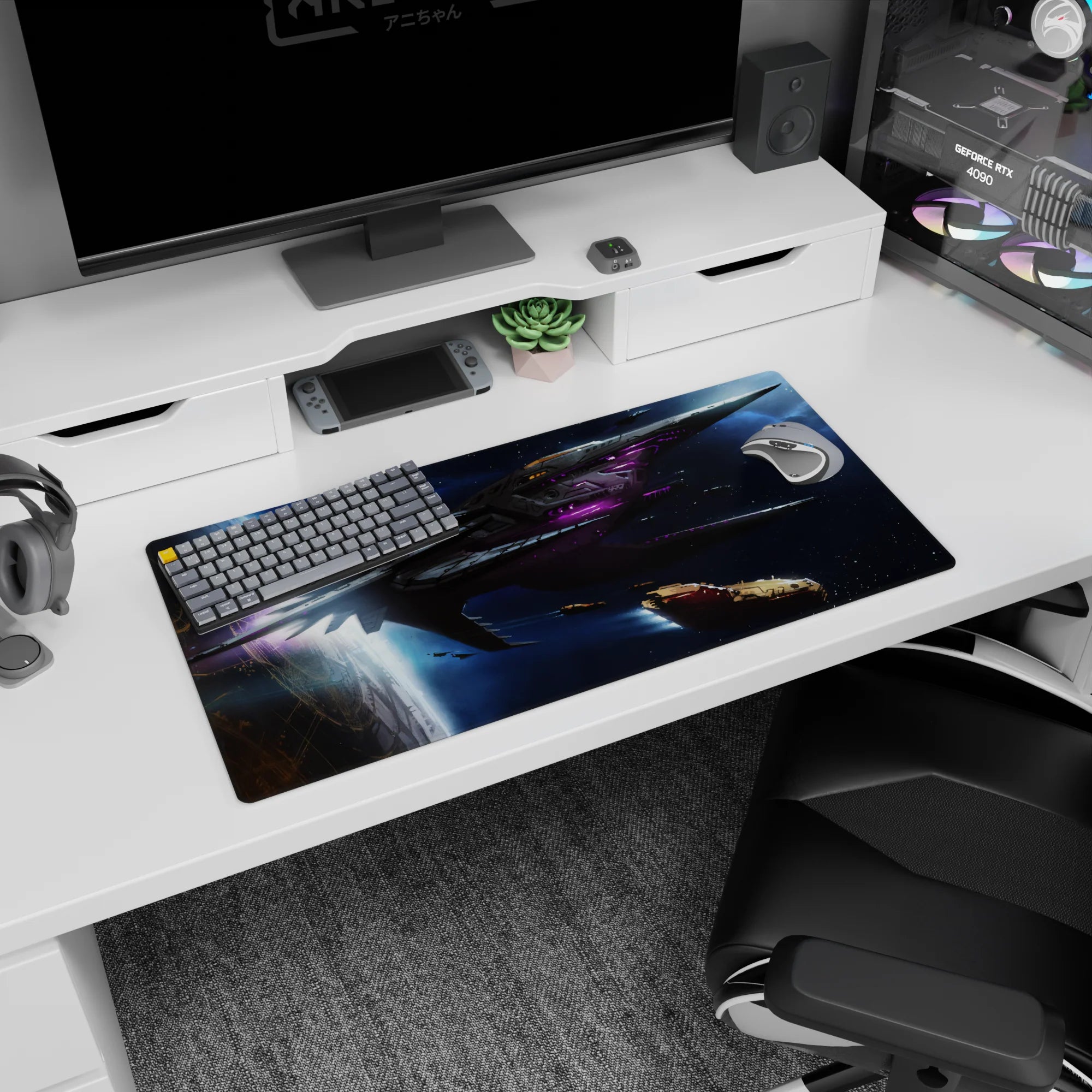 Sleek starship cutting through a starry nebula mouse pad 32x16 inches with glowing purple trails.
