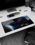 Sleek starship cutting through a starry nebula mouse pad 32x16 inches with glowing purple trails.