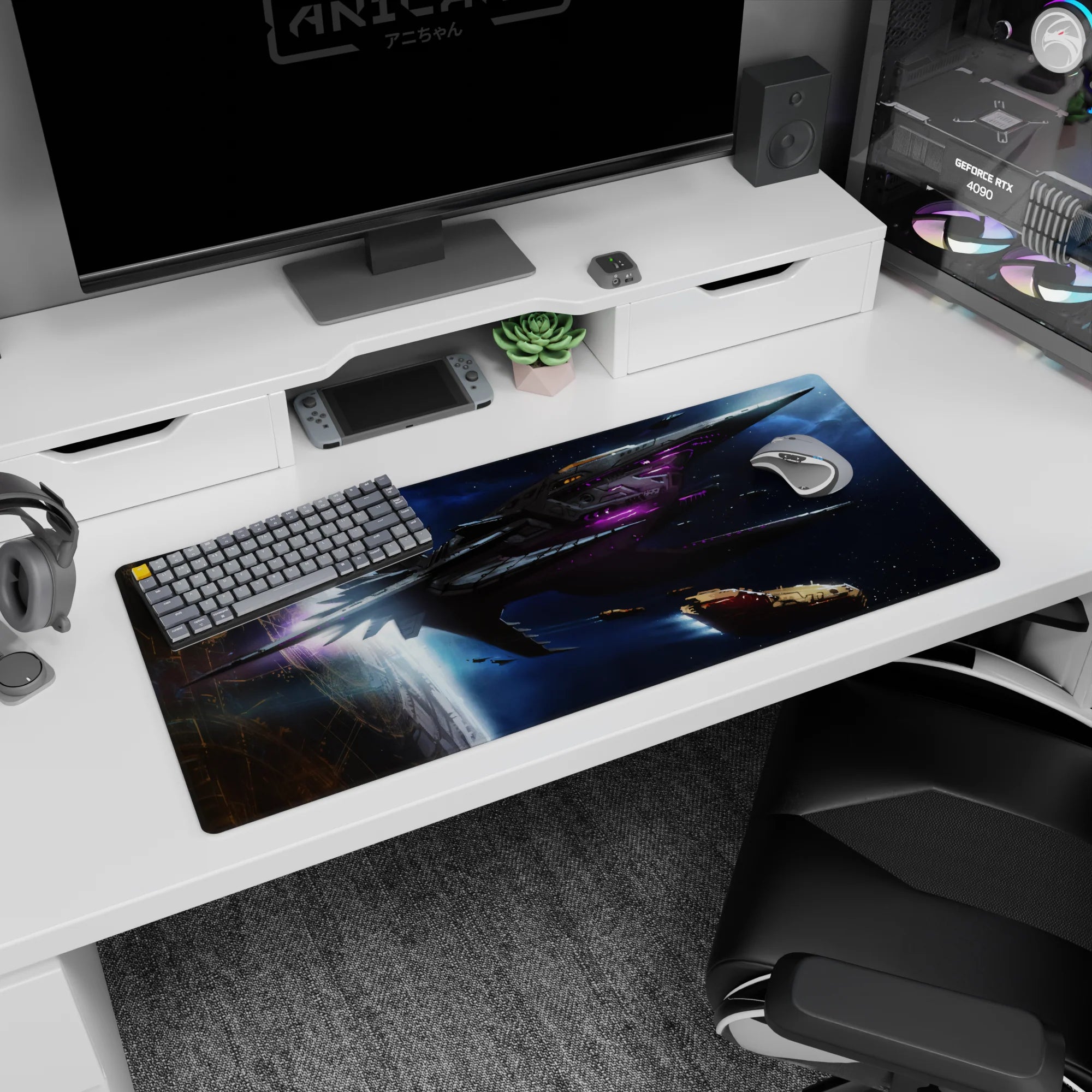 Sleek starship slicing through a starry nebula scene on desk pad, 36x16 inches.