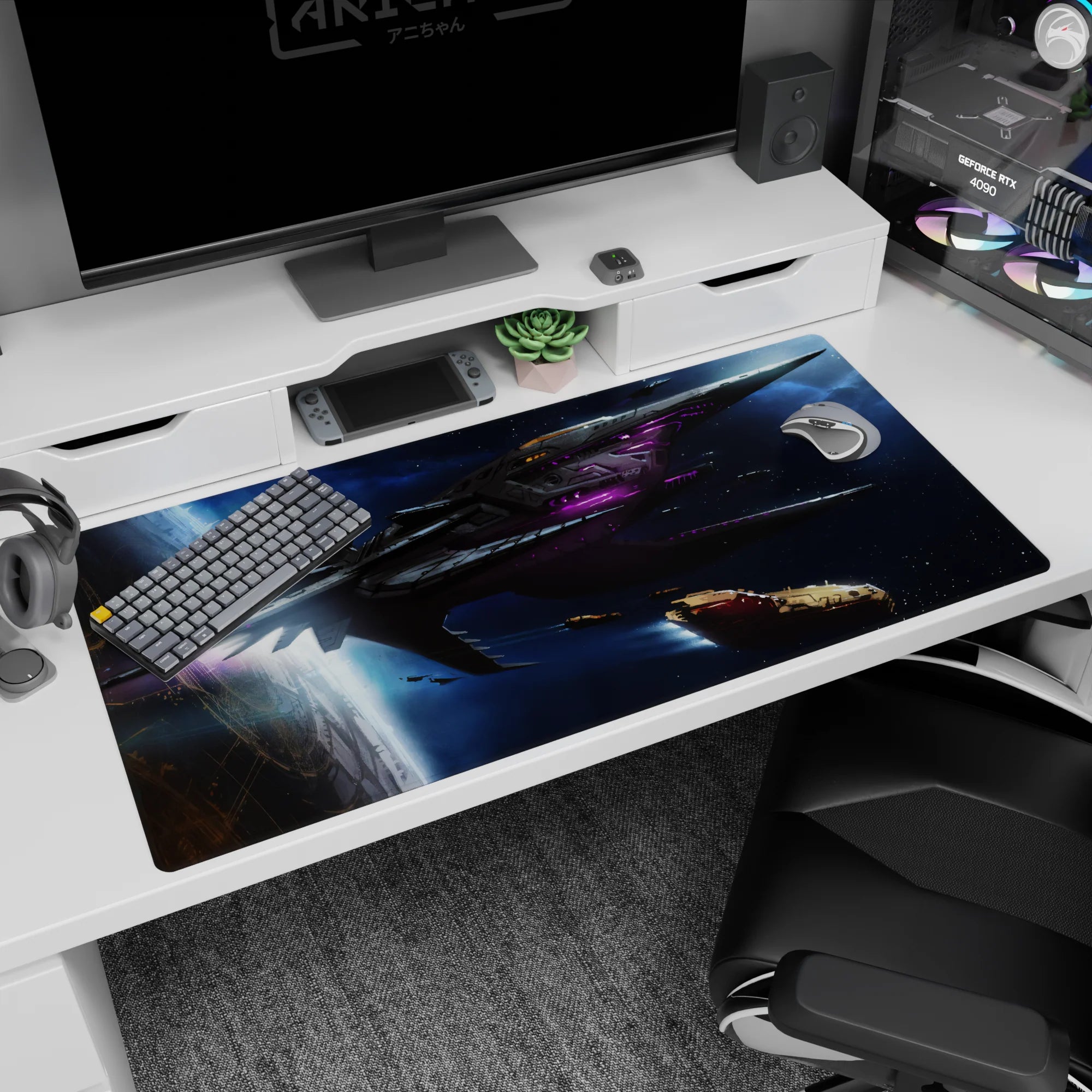 Starship slicing through a nebula desk pad 40x20 inches with scattered stars and glowing purple trails.