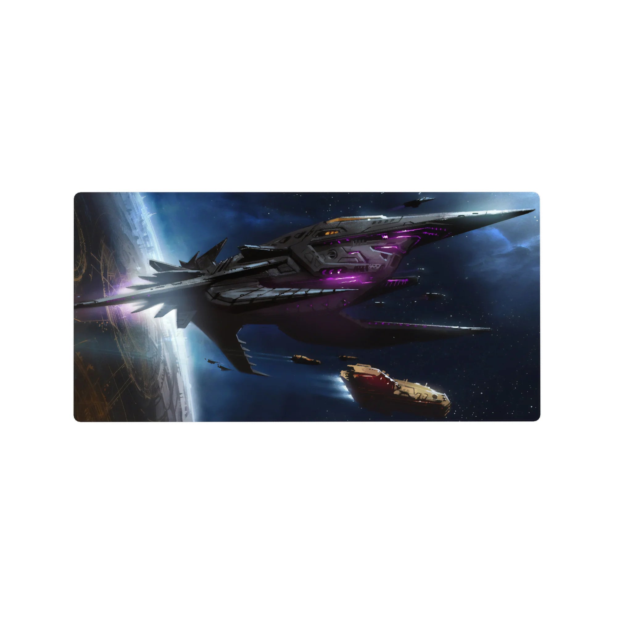 Sci-fi starship nebula desk mouse pad 32x16 inches with sharp angles and cockpit-style details.