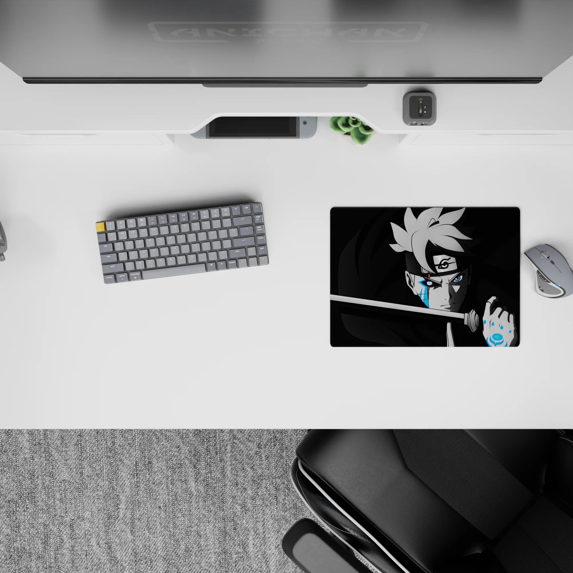 Moody 14x10 inches anime mouse pad in deep blacks and smoky grays with electric blue Karma glow.