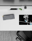 Moody 14x10 inches anime mouse pad in deep blacks and smoky grays with electric blue Karma glow.