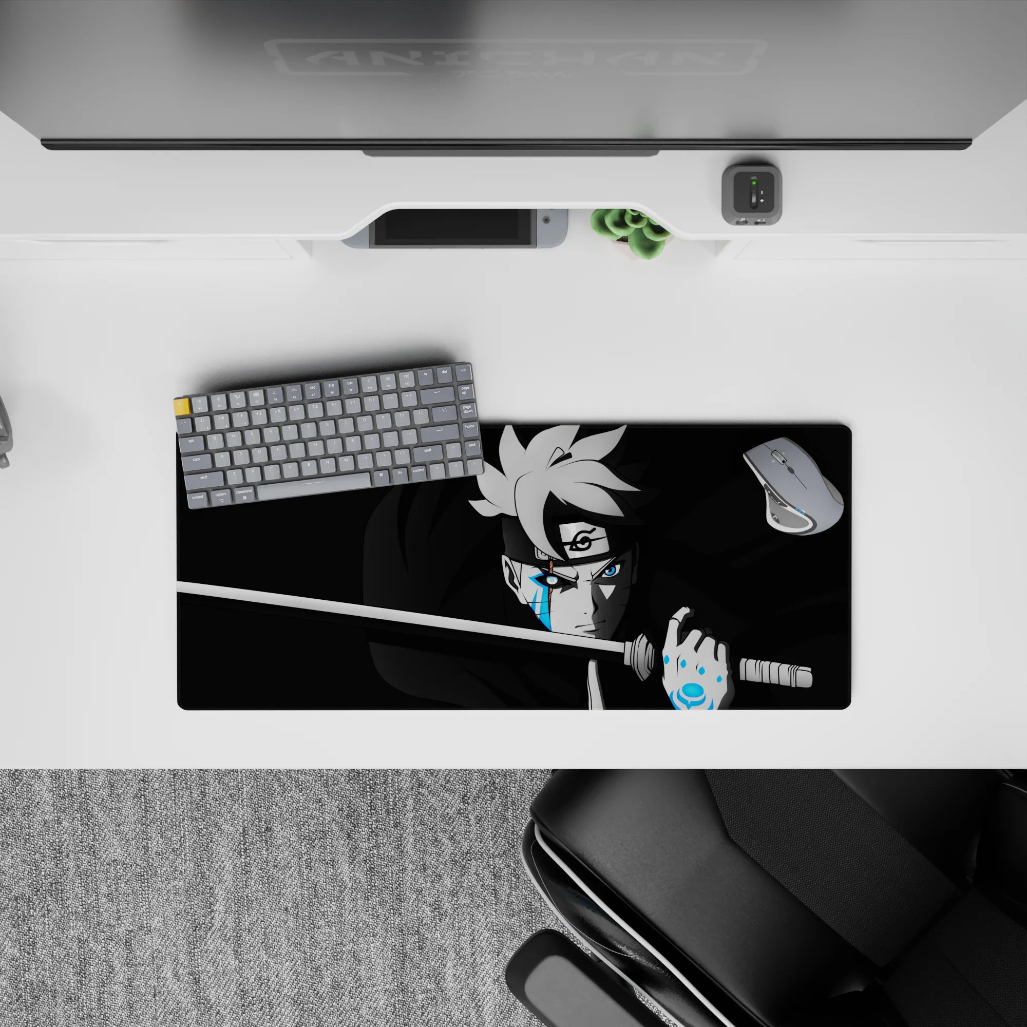 28x12 inches anime mouse pad in deep blacks and smoky grays with glowing electric blue Karma marks.