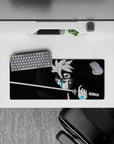28x12 inches anime mouse pad in deep blacks and smoky grays with glowing electric blue Karma marks.