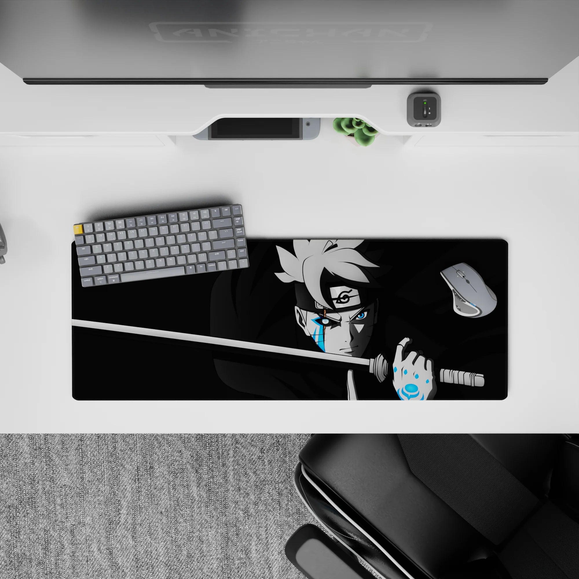 32x12 inches anime mouse pad in deep blacks and smoky grays, with electric blue Karma marks glowing.
