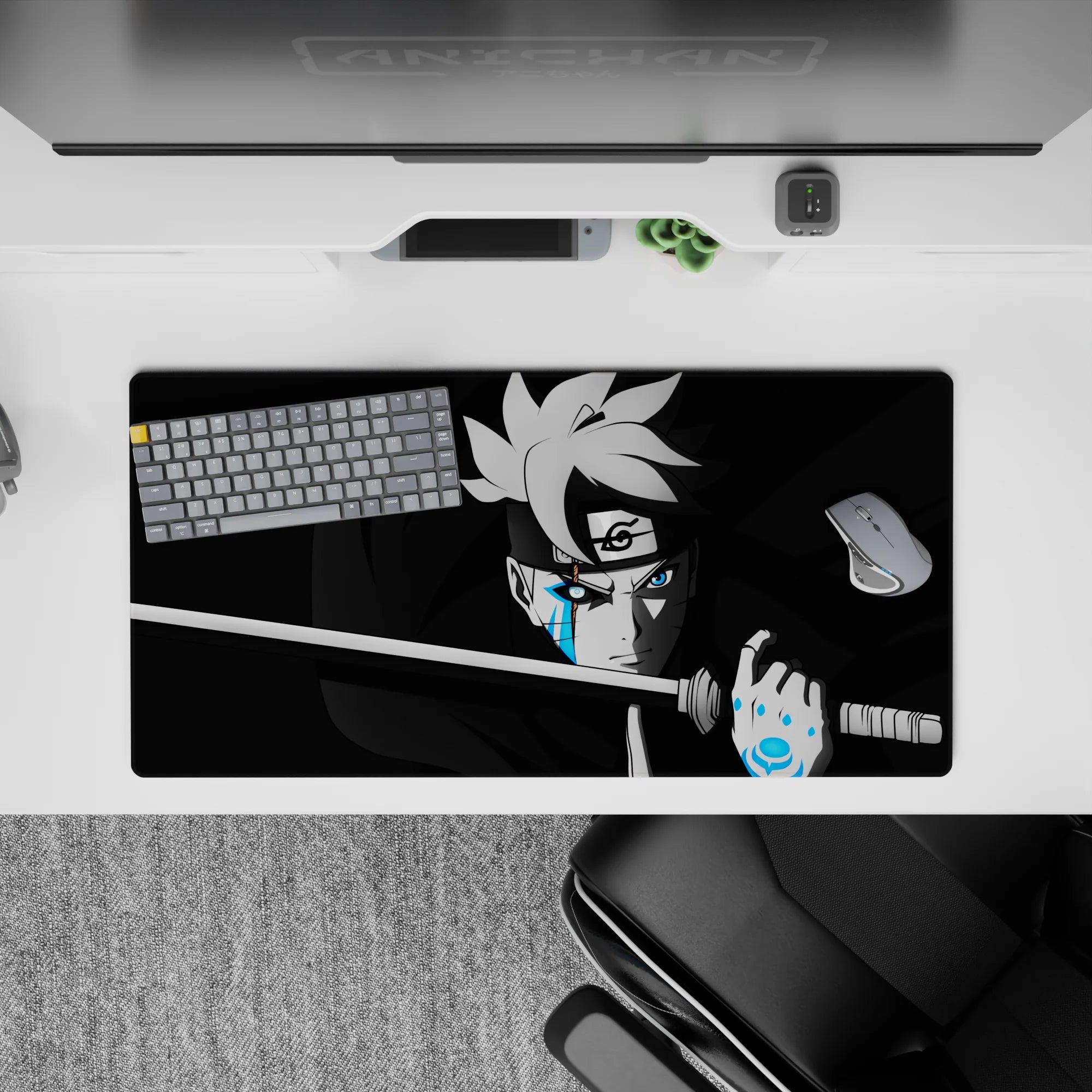 32x16 inches anime mouse pad in deep blacks and smoky grays with glowing electric blue Karma marks.