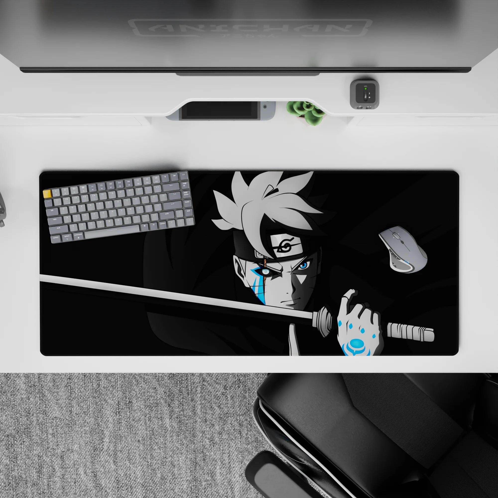 36x16 inches anime desk pad in deep blacks and smoky grays with glowing electric blue Karma accents.