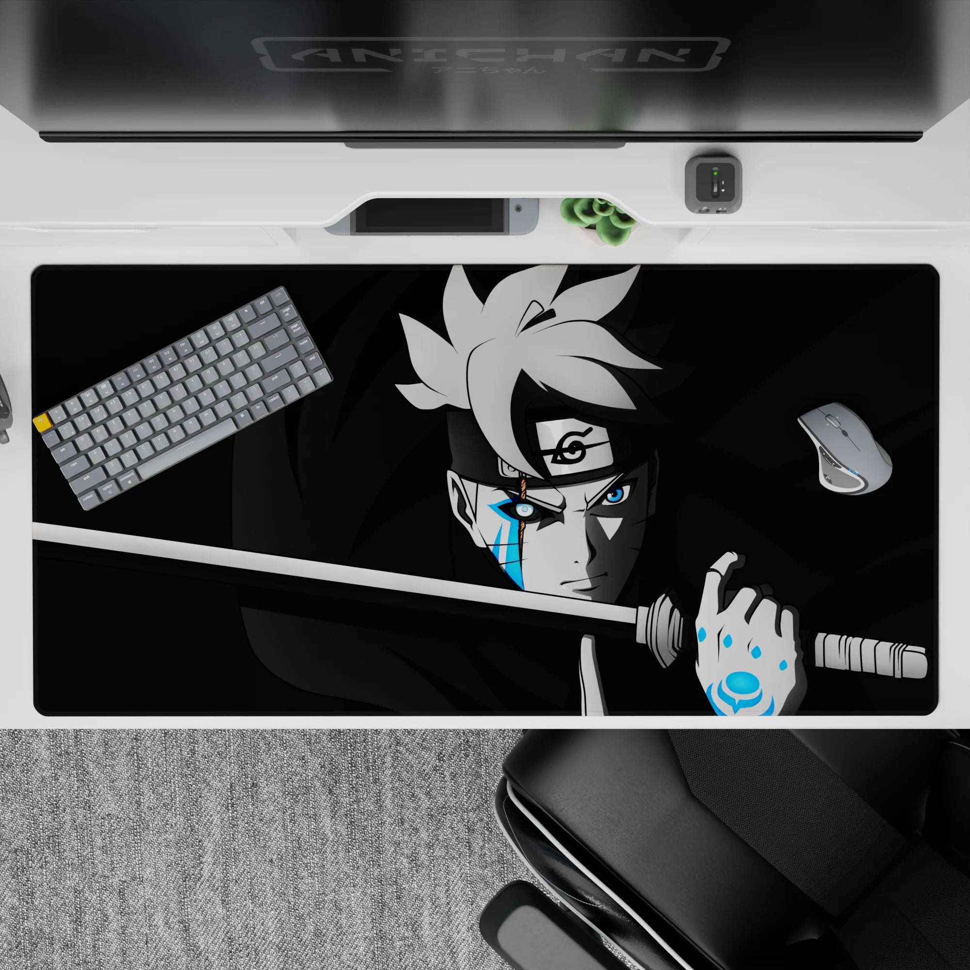 40x20 inches dark anime desk pad in deep blacks and smoky grays with electric blue Karma glow accents.