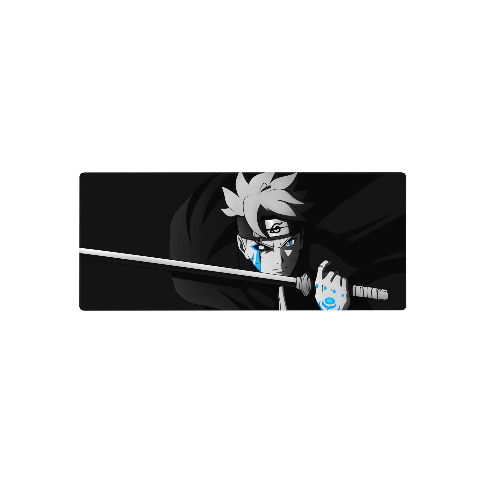 28x12 inches anime mouse pad with Boruto Uzumaki, katana pose, sharp linework and cloak swirl.