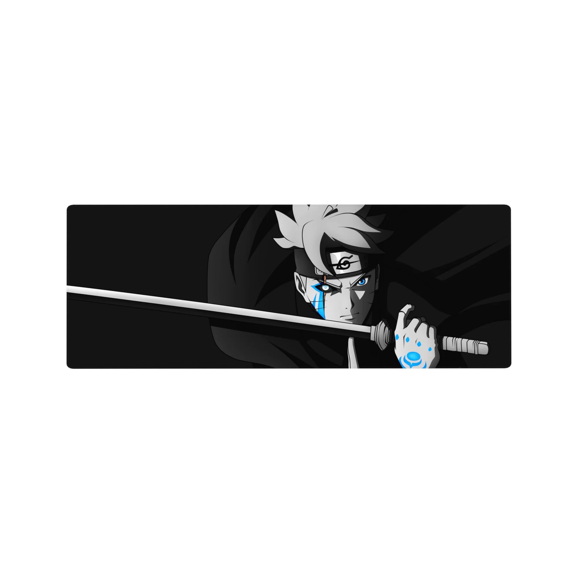 32x12 inches anime mouse pad with Boruto-inspired katana pose, sharp linework, and stealth cloak swirl.