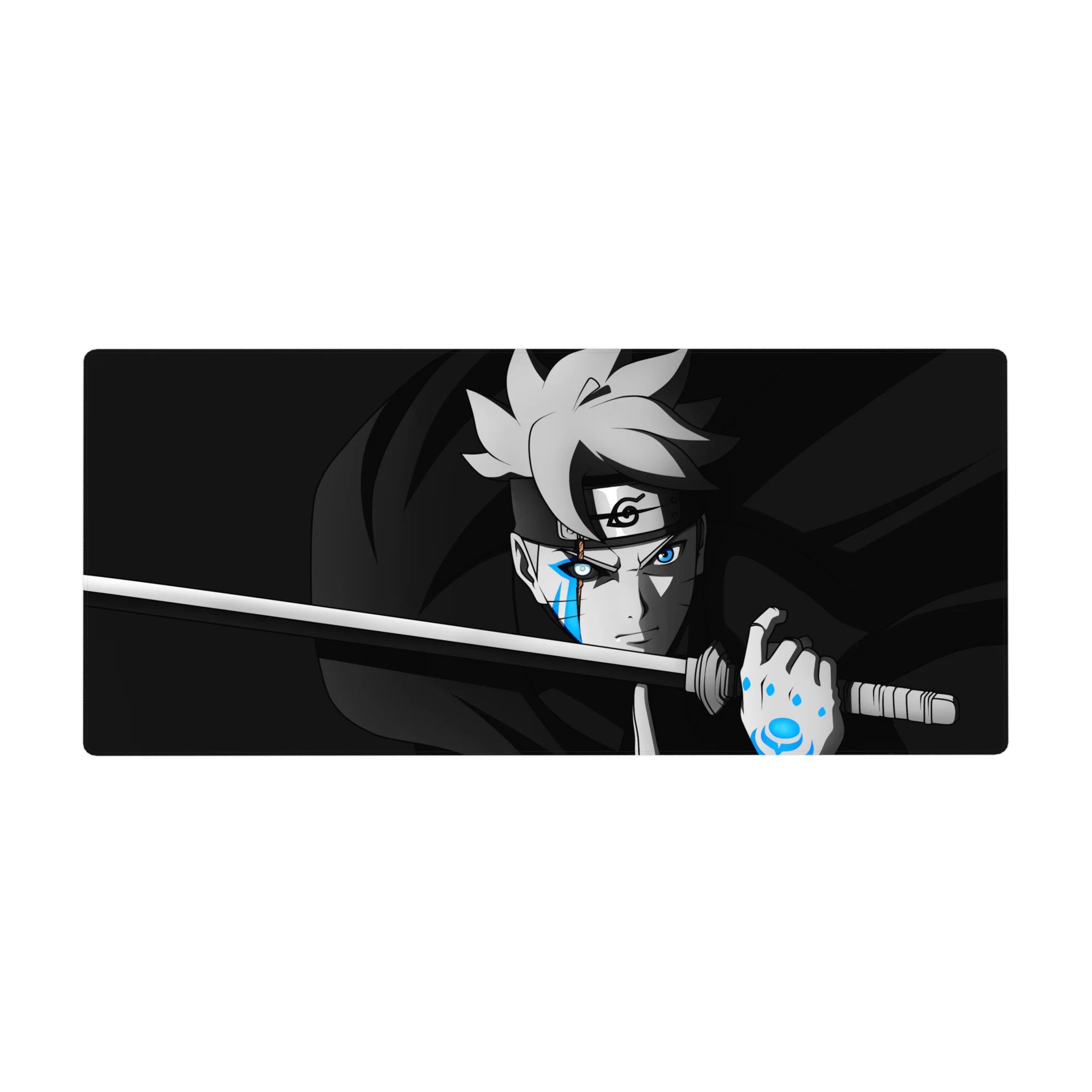 36x16 inches anime desk pad with sharp linework, stealth cloak swirl, and katana-ready ninja design.