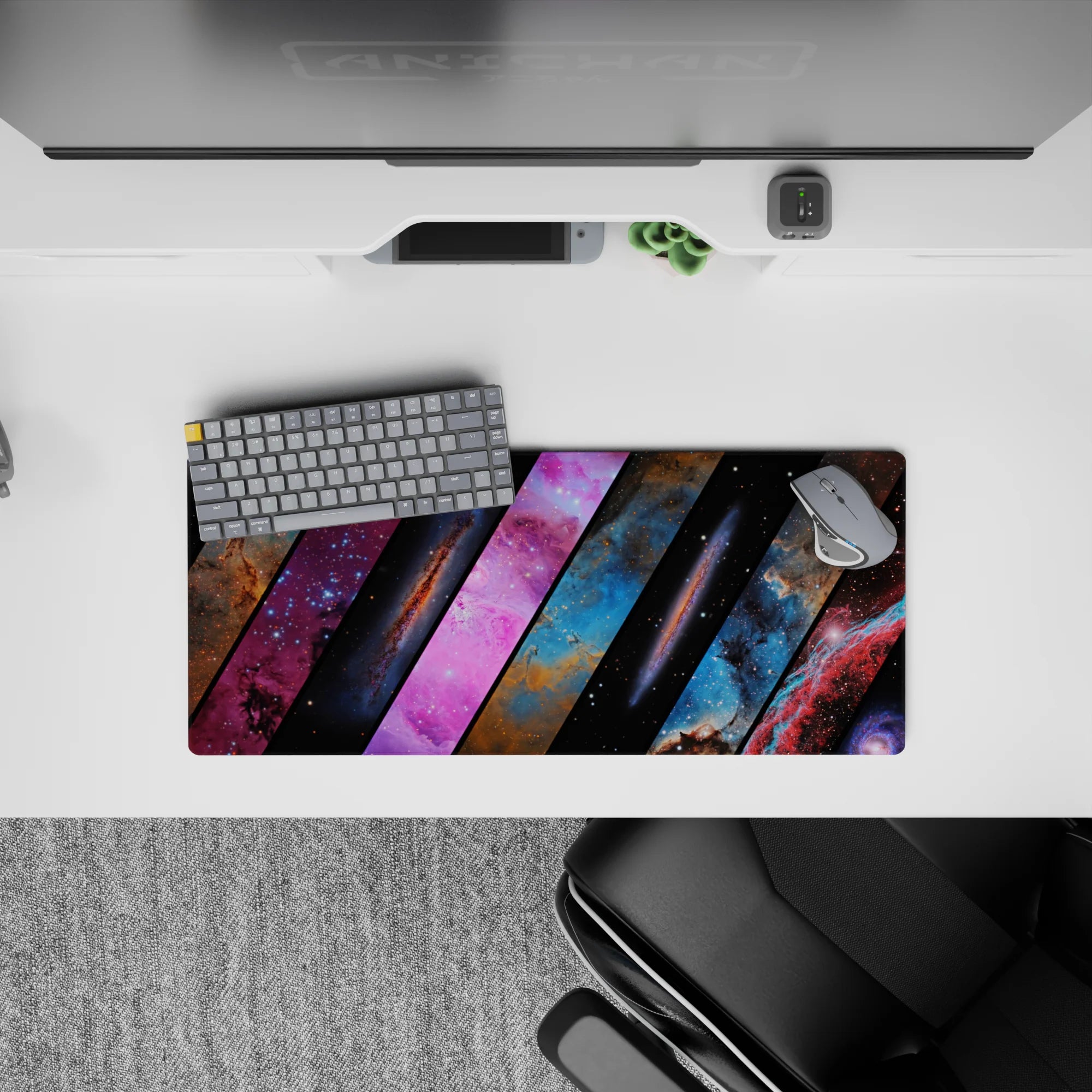 Midnight black and dreamy blue mouse pad with hot pink nebula mood, 28x12 inches.