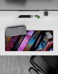 Midnight black and dreamy blue mouse pad with hot pink nebula mood, 28x12 inches.