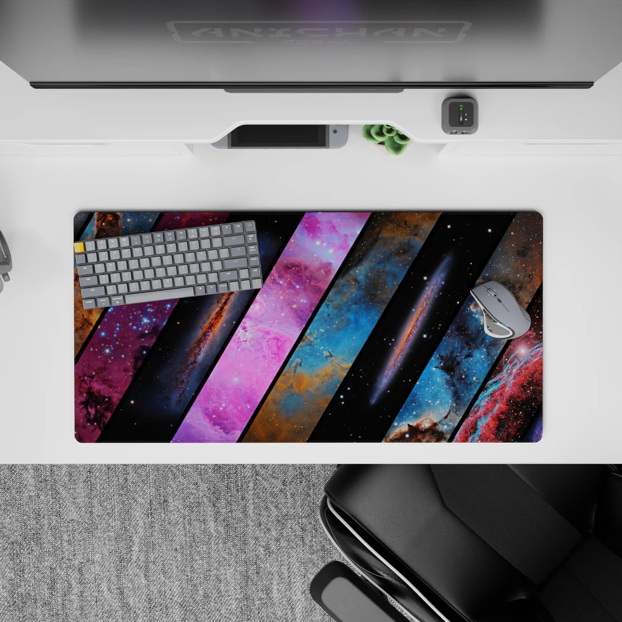 Midnight black, dreamy blue, and hot pink cosmic clouds mouse pad, 32x16 inches, calm busy space vibe.