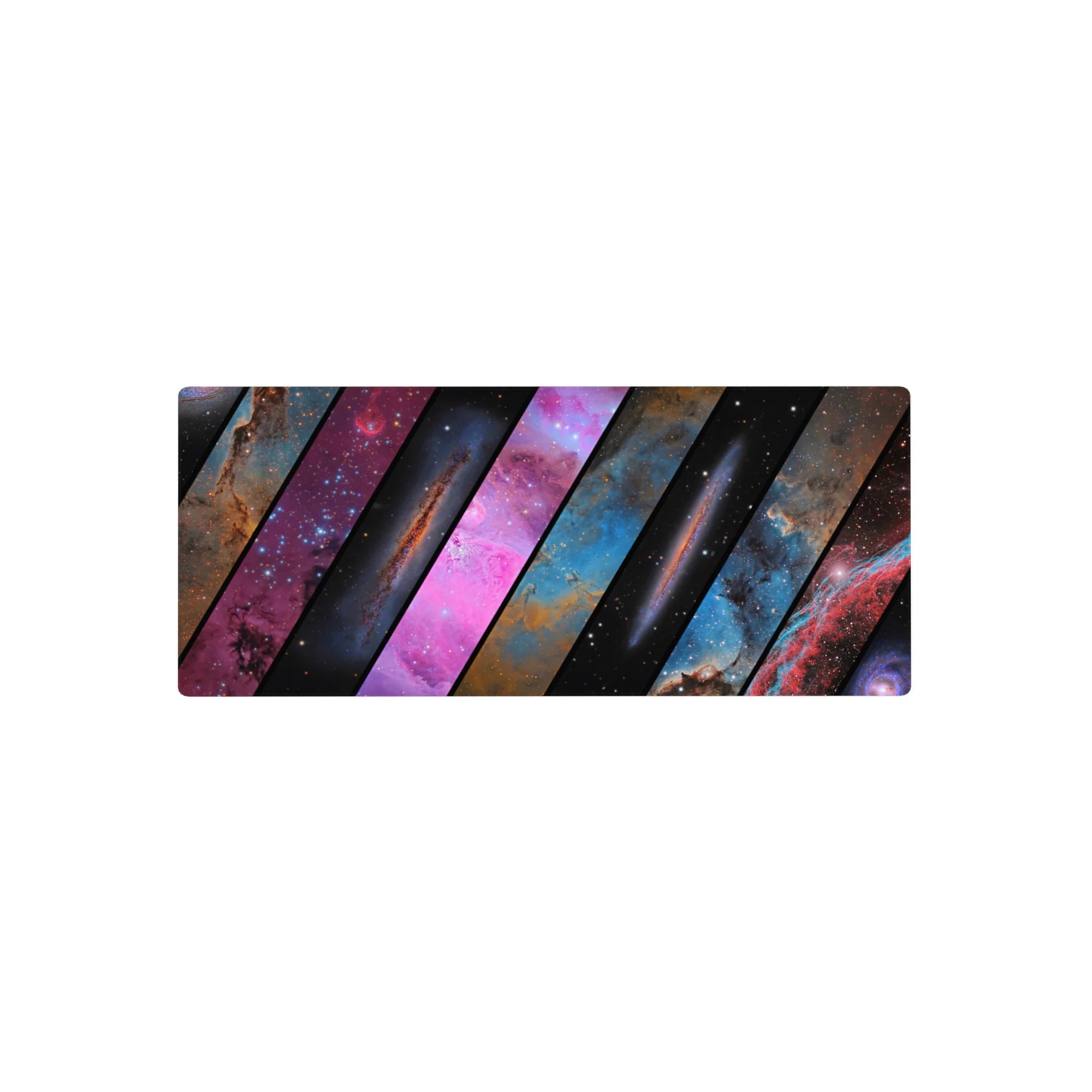 Galaxy shutter-pattern mouse pad, slanted panels over deep space, 28x12 inches.
