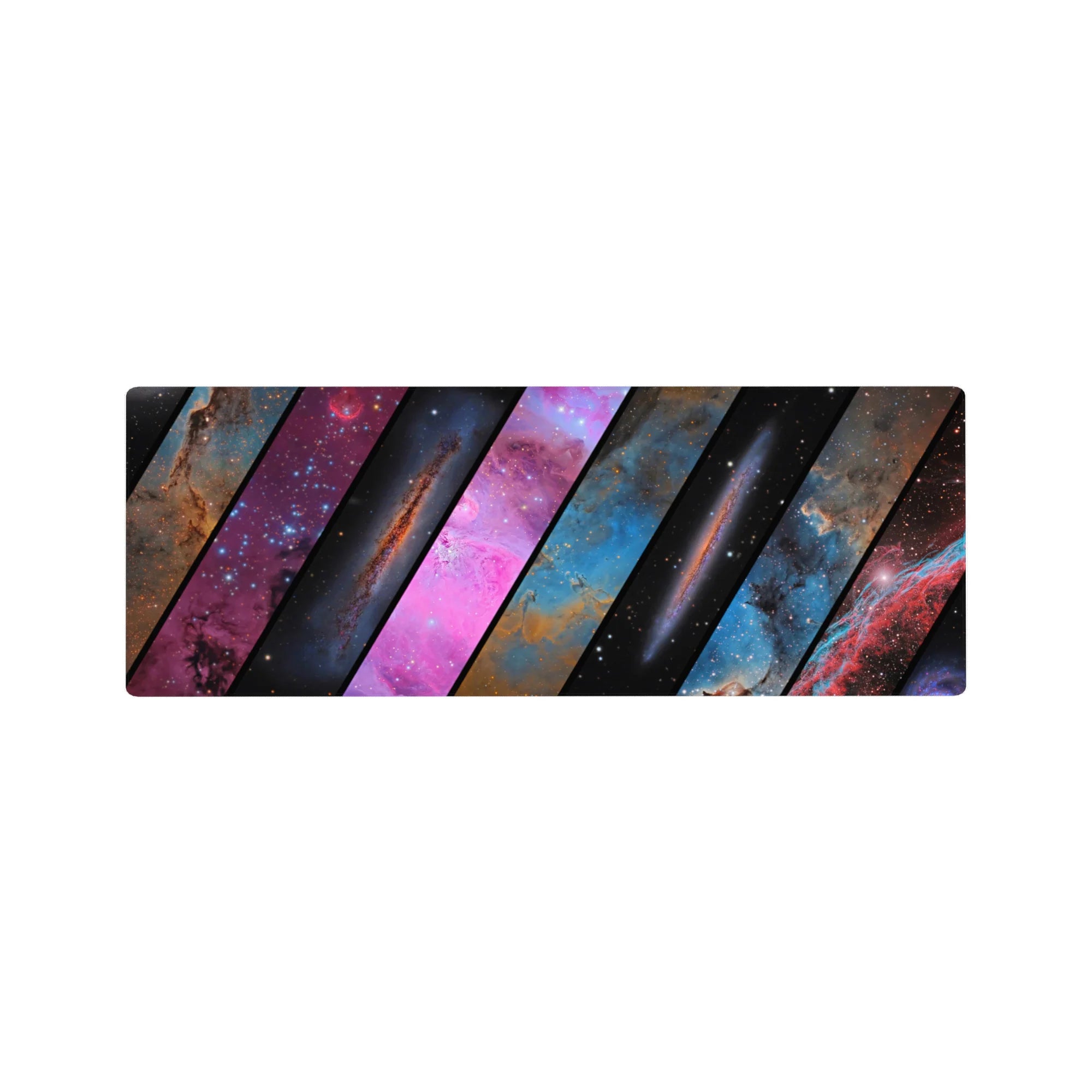 Slanted-panel galaxy desk mouse pad, 32x12 inches, cosmic shutter pattern with starlight.