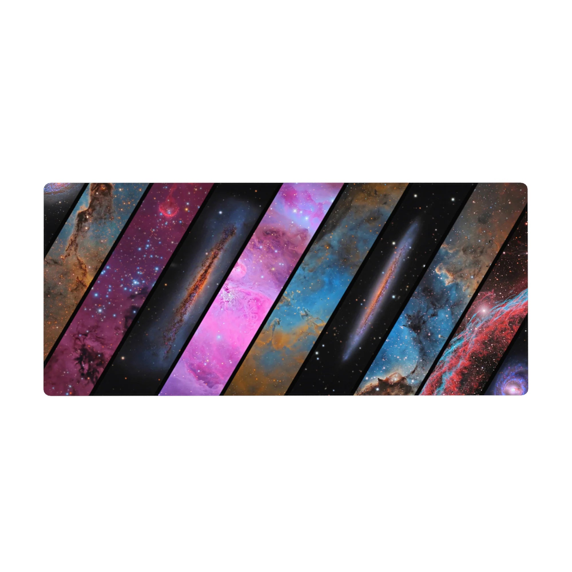 Galaxy shutter-slat cosmic desk pad, 36x16 inches, with slanted panels and scattered starlight.