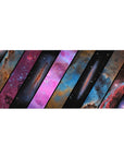 Galaxy shutter-slat cosmic desk pad, 36x16 inches, with slanted panels and scattered starlight.