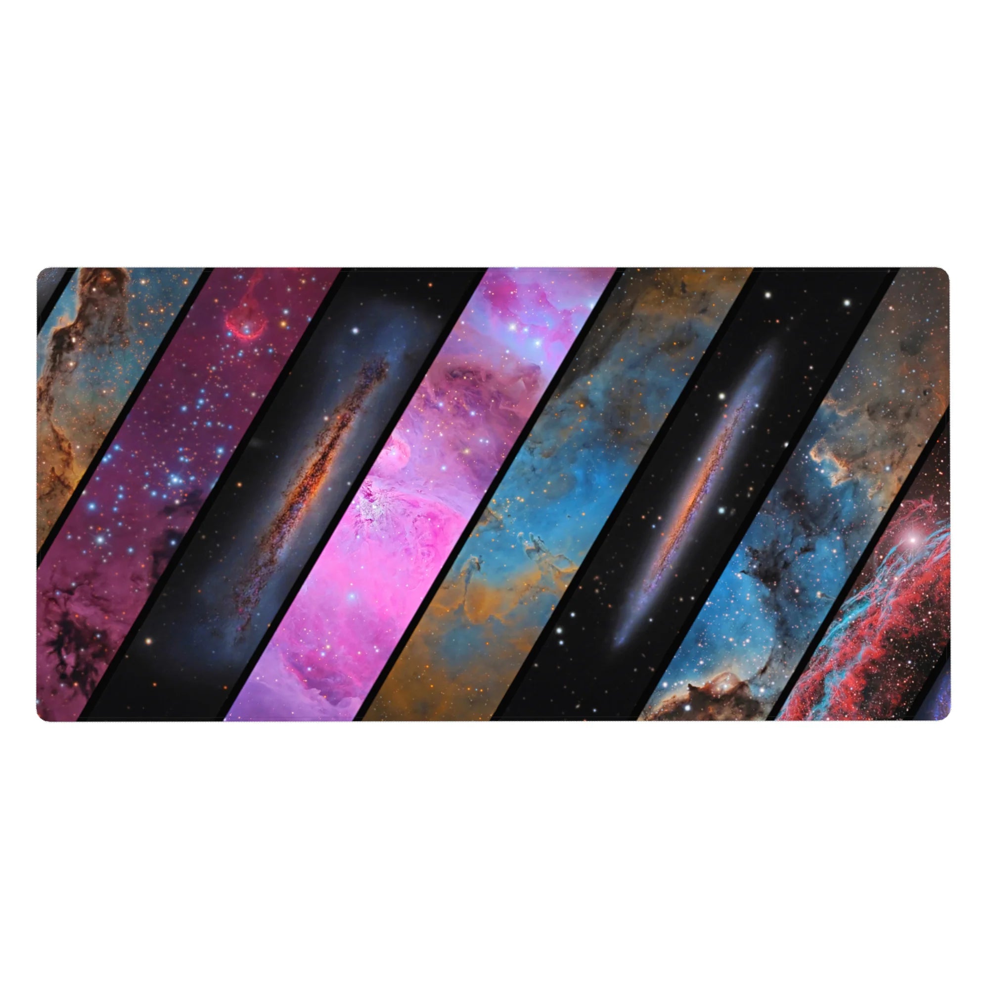 Galaxy slanted panel shutters desk pad, 40x20 inches, cosmic pattern with starry details.