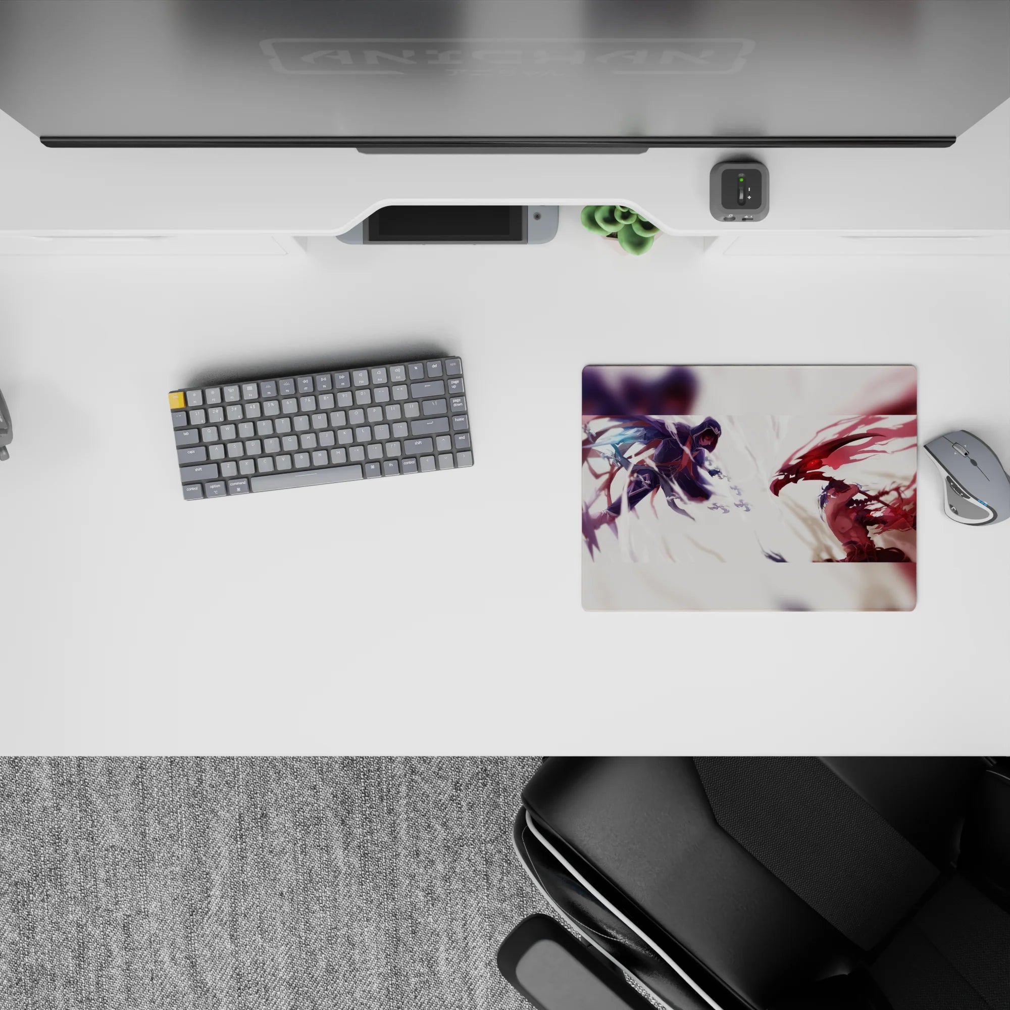 Dramatic 14x10 inches anime mouse pad in stark white, deep indigo shadows and blood-red streaks, intense mood.