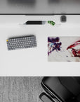 Dramatic 14x10 inches anime mouse pad in stark white, deep indigo shadows and blood-red streaks, intense mood.
