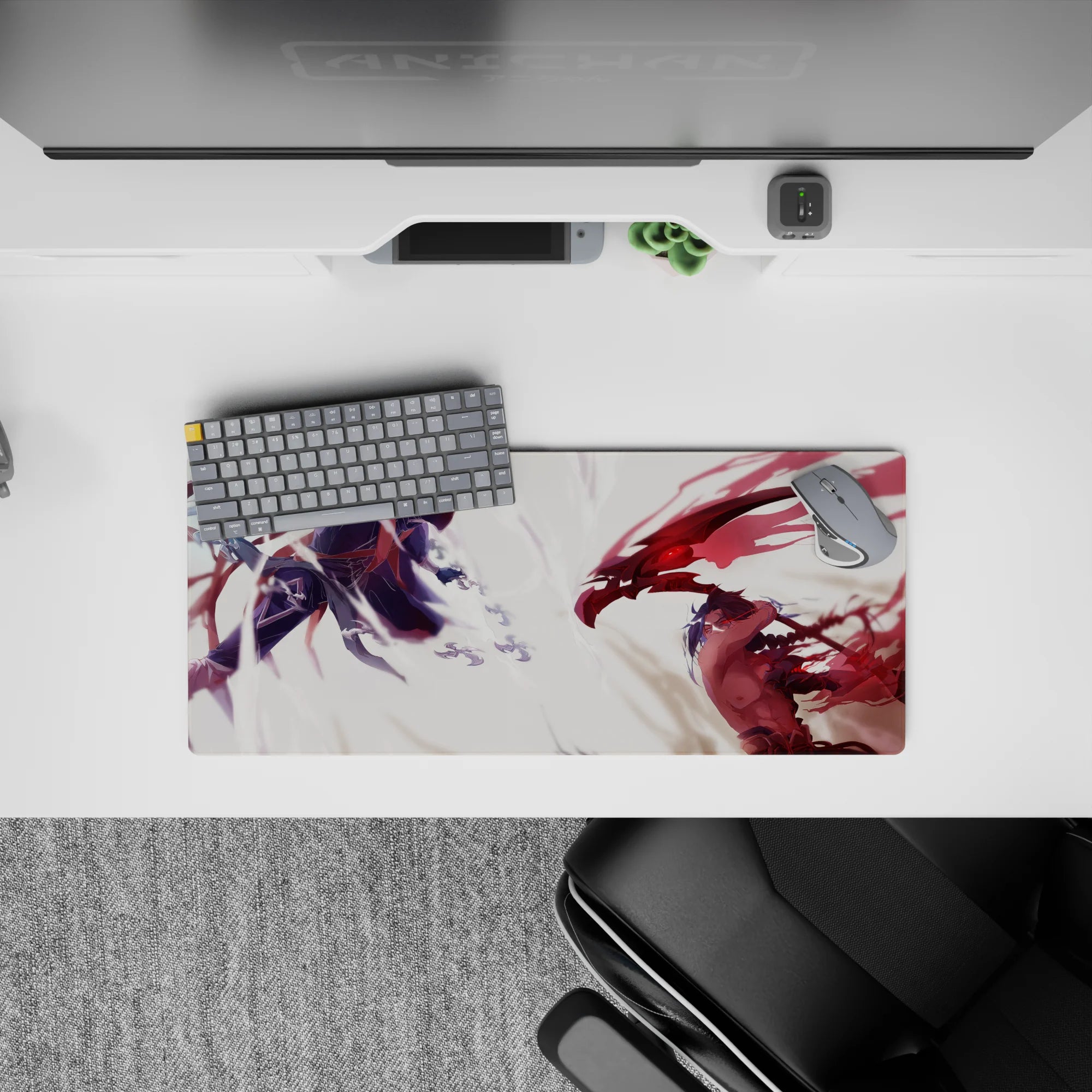 28x12 inches anime desk mat in cool indigo shadows vs blazing crimson energy, intense dramatic mood.