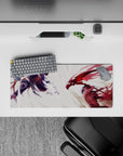 28x12 inches anime desk mat in cool indigo shadows vs blazing crimson energy, intense dramatic mood.