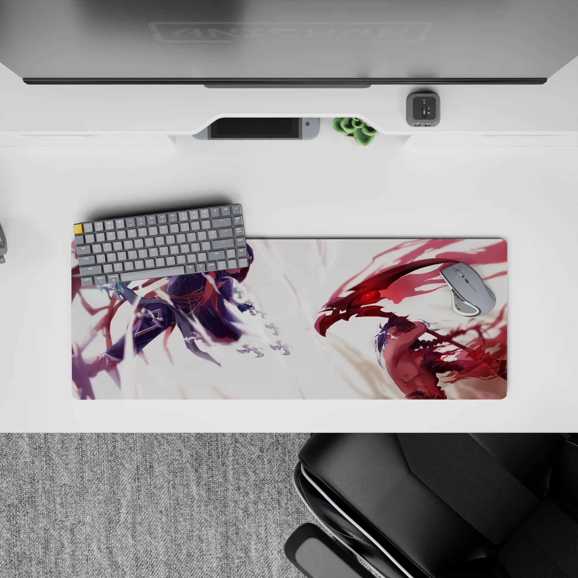 32x12 inches anime mouse pad in cool indigo shadows vs blood-red energy streaks, intense mood.