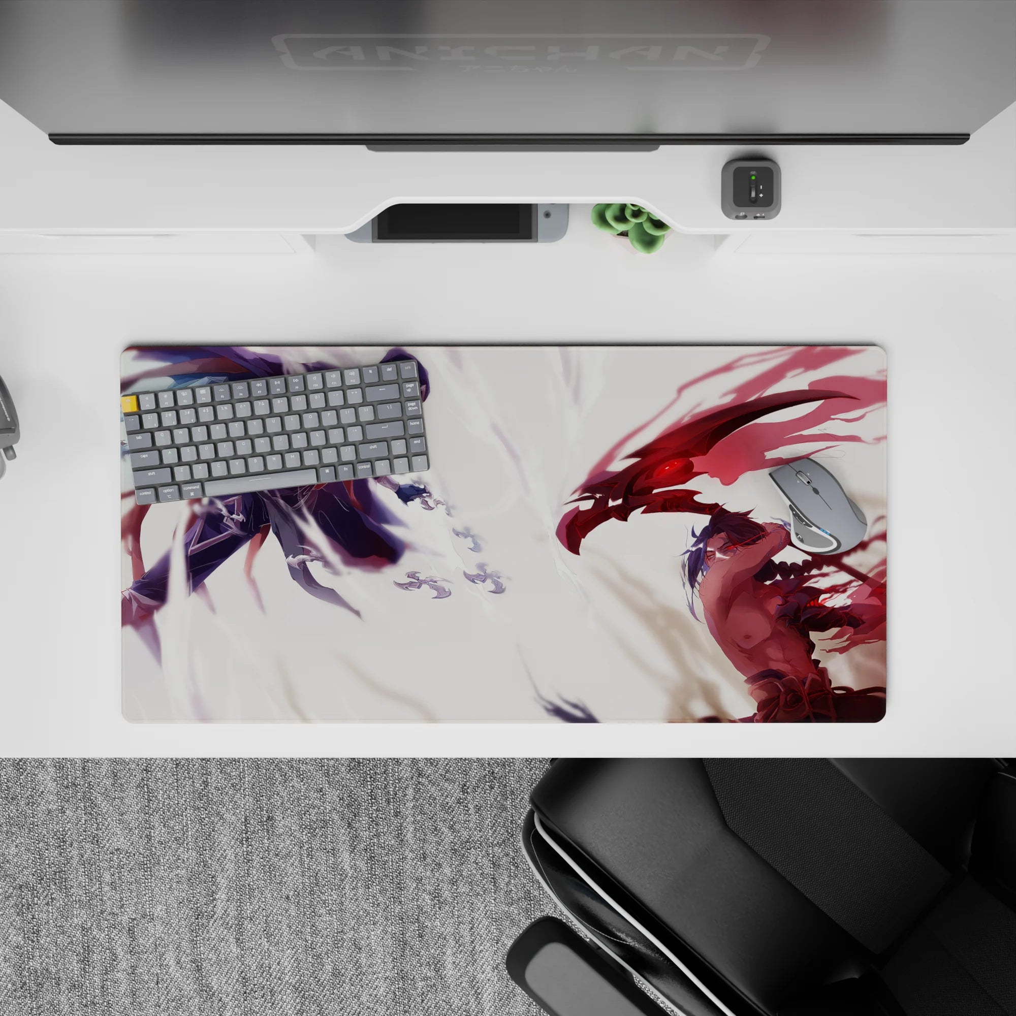 32x16 inches anime mouse pad in stark white, deep indigo, and blood red, high-contrast dramatic desk art.