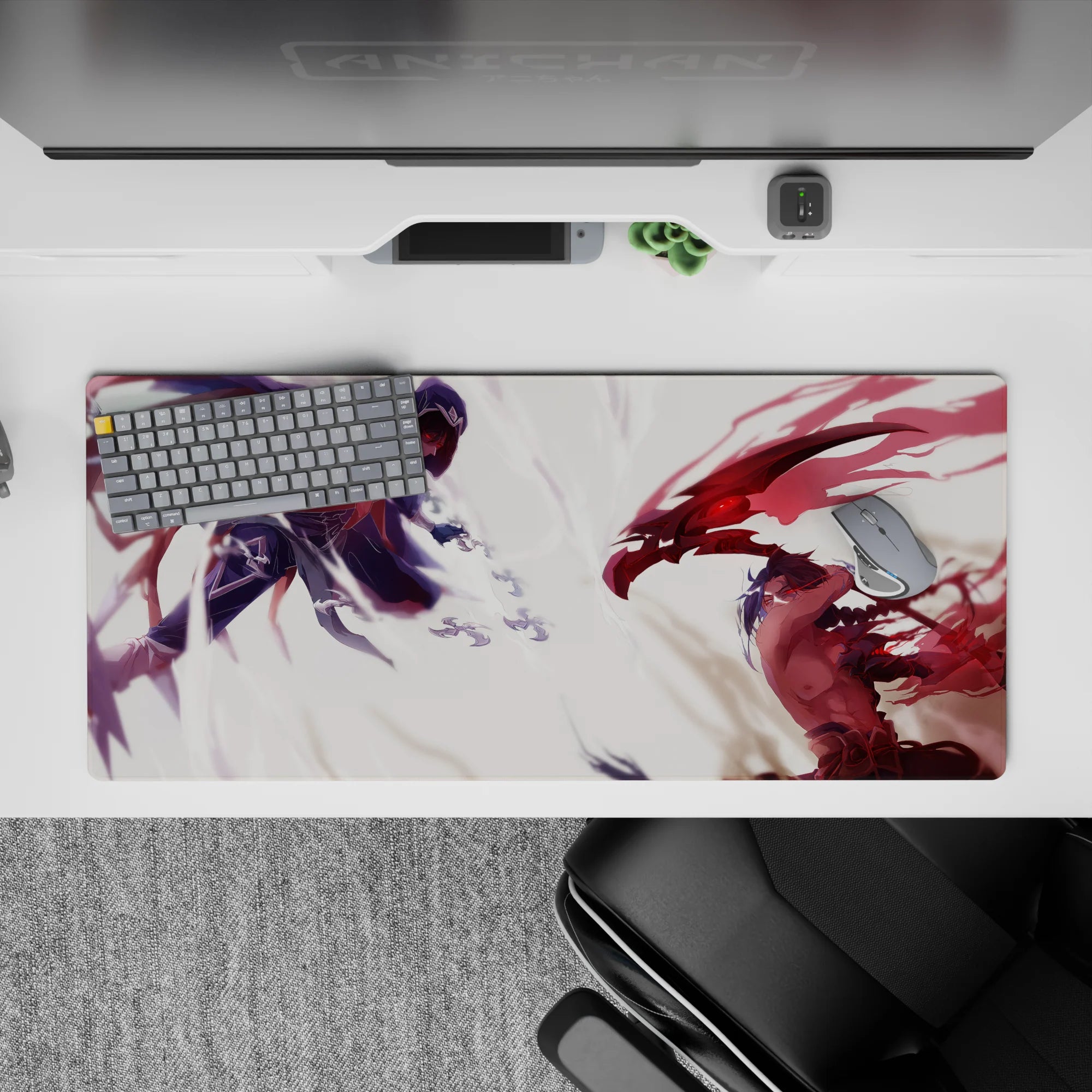 36x16 inches anime desk pad in cool indigo shadows vs blood-red energy, intense dramatic battle mood.