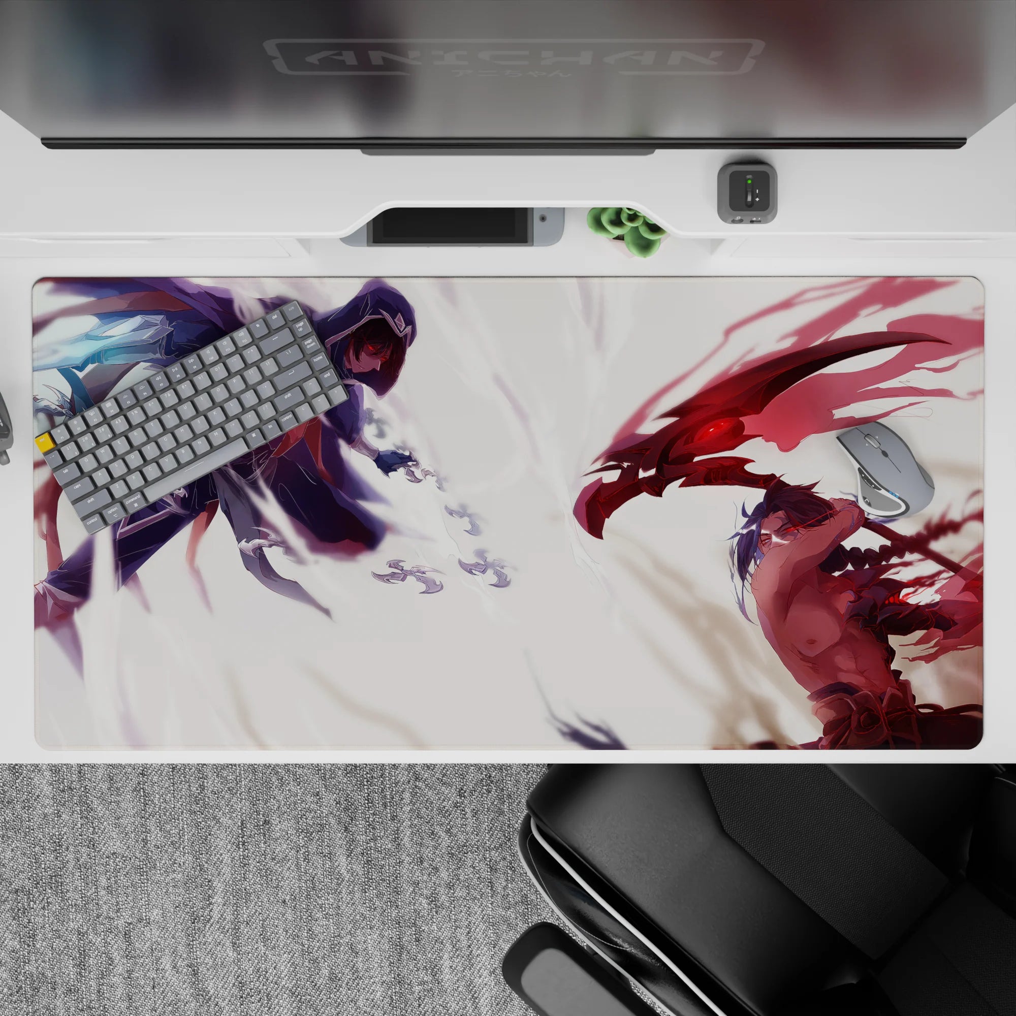 40x20 inches anime desk pad in cool indigo shadows and blood-red energy streaks, intense dramatic mood.