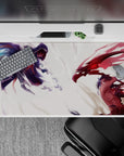 40x20 inches anime desk pad in cool indigo shadows and blood-red energy streaks, intense dramatic mood.