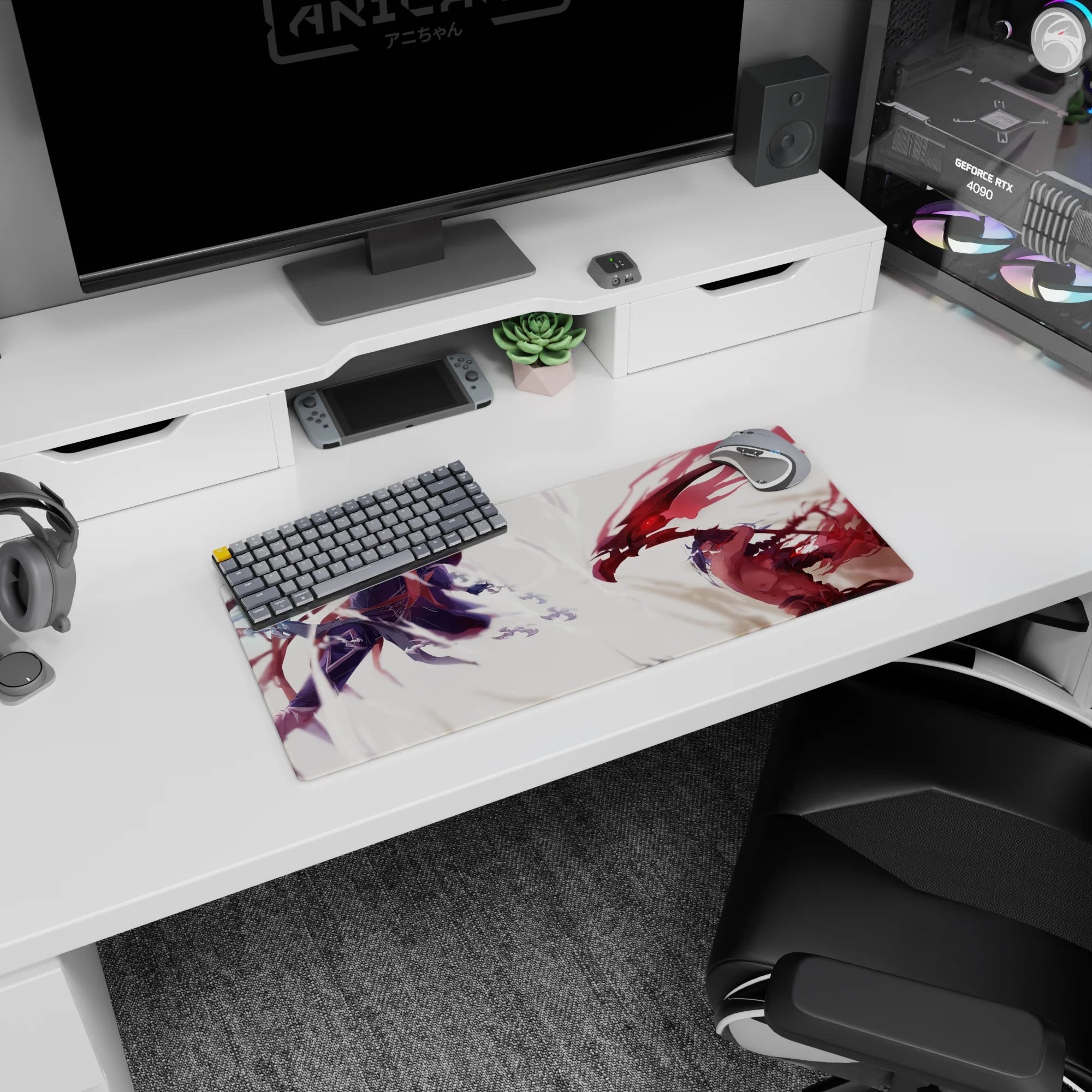 28x12 inches anime mouse pad showing hooded silver-blade fighter facing a red-eyed, wing-energy rival.