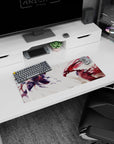 28x12 inches anime mouse pad showing hooded silver-blade fighter facing a red-eyed, wing-energy rival.