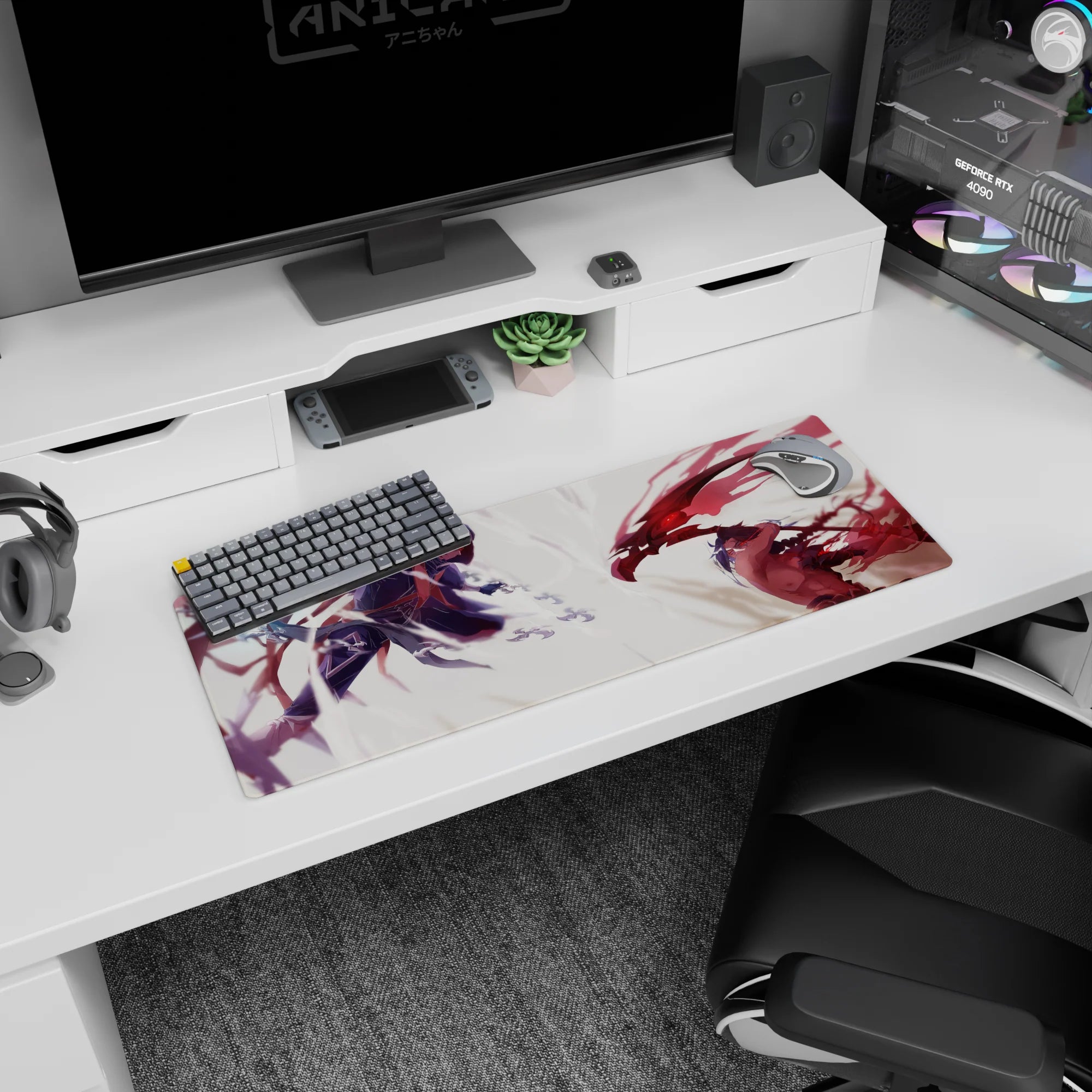 32x12 inches anime mouse pad showing hooded indigo blade fighter facing crimson-winged foe midair.