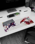 32x12 inches anime mouse pad showing hooded indigo blade fighter facing crimson-winged foe midair.