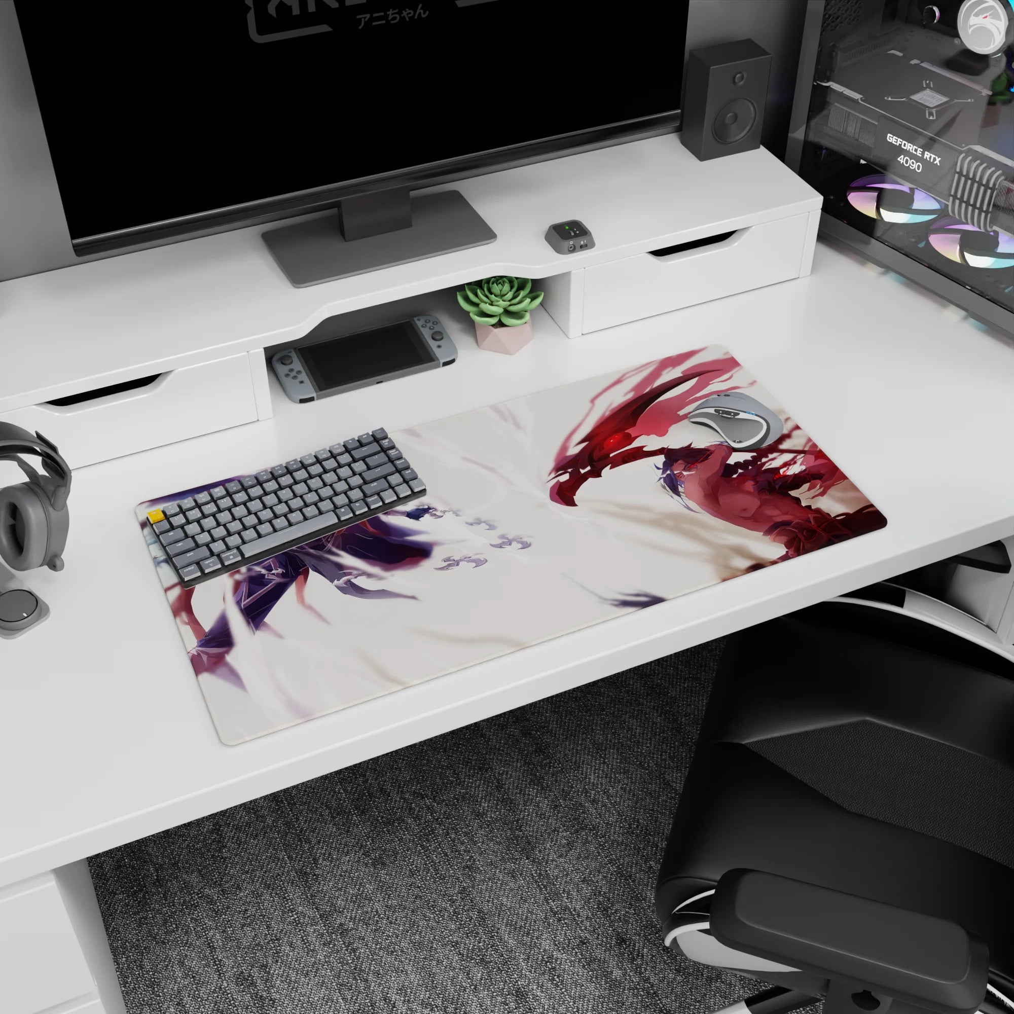 32x16 inches anime mouse pad featuring hooded indigo swordsman clashing with red-eyed fighter in mid-air.