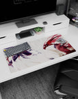 32x16 inches anime mouse pad featuring hooded indigo swordsman clashing with red-eyed fighter in mid-air.