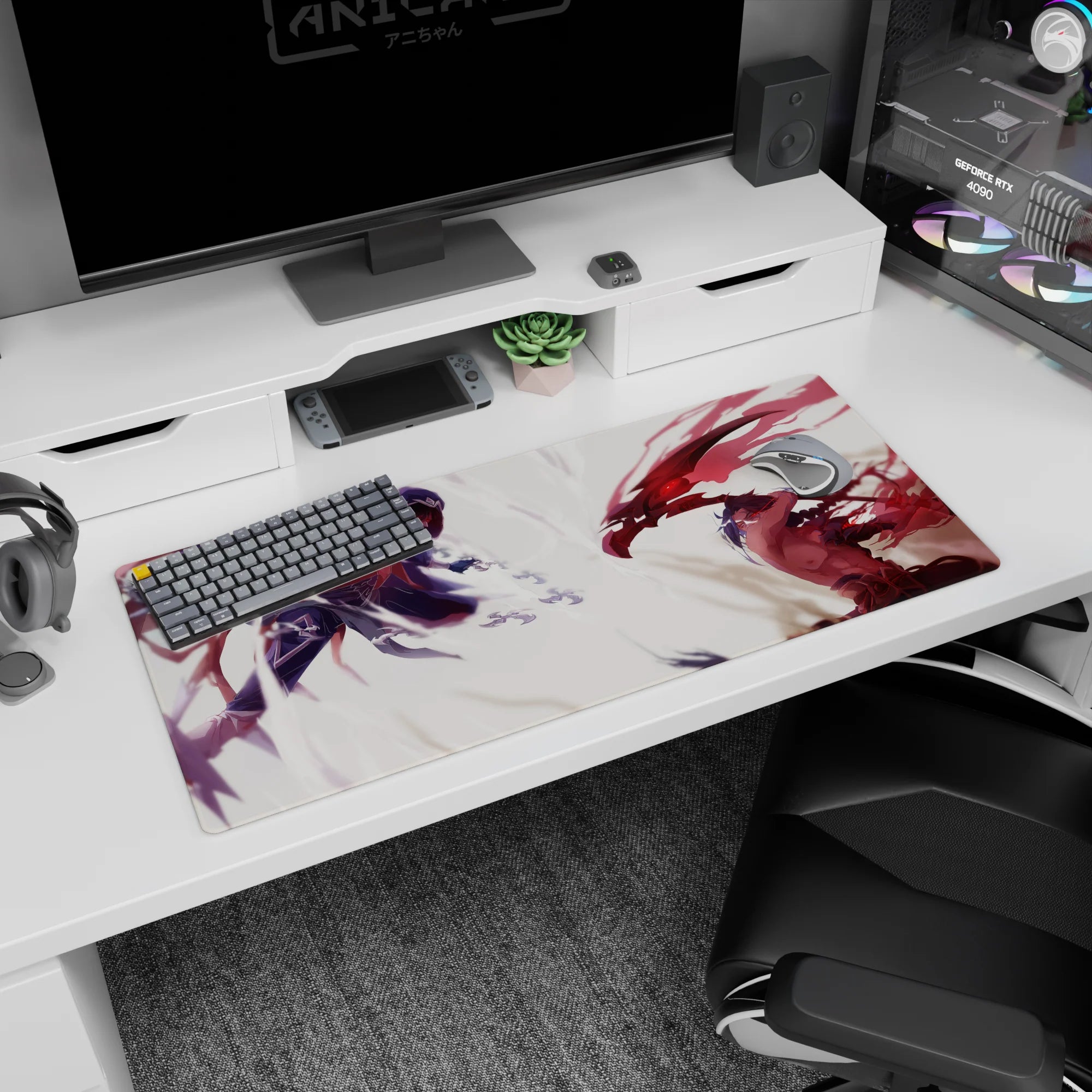36x16 inches anime desk pad showing hooded indigo swordsman clashing with red-winged fighter, glowing eye.