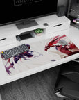 36x16 inches anime desk pad showing hooded indigo swordsman clashing with red-winged fighter, glowing eye.