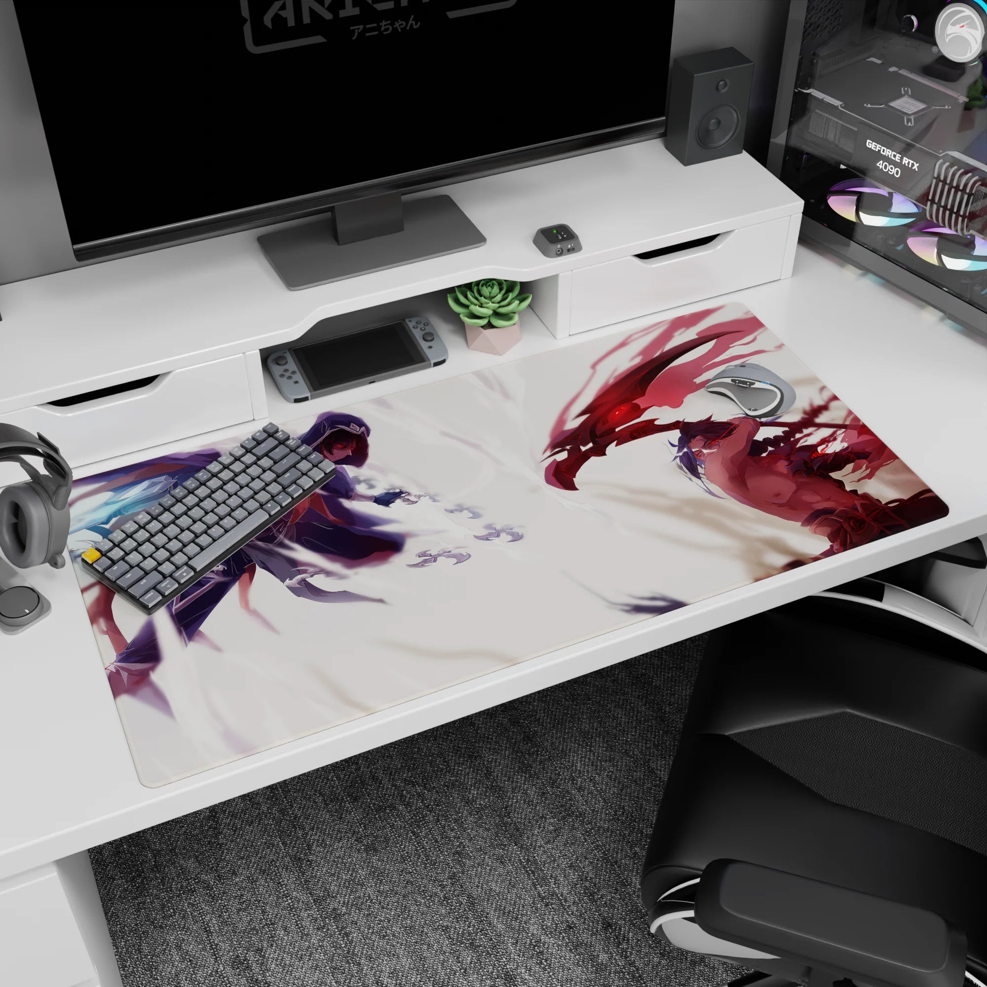 40x20 inches anime desk pad showing hooded blade fighter clashing with red-winged rival with glowing eye.
