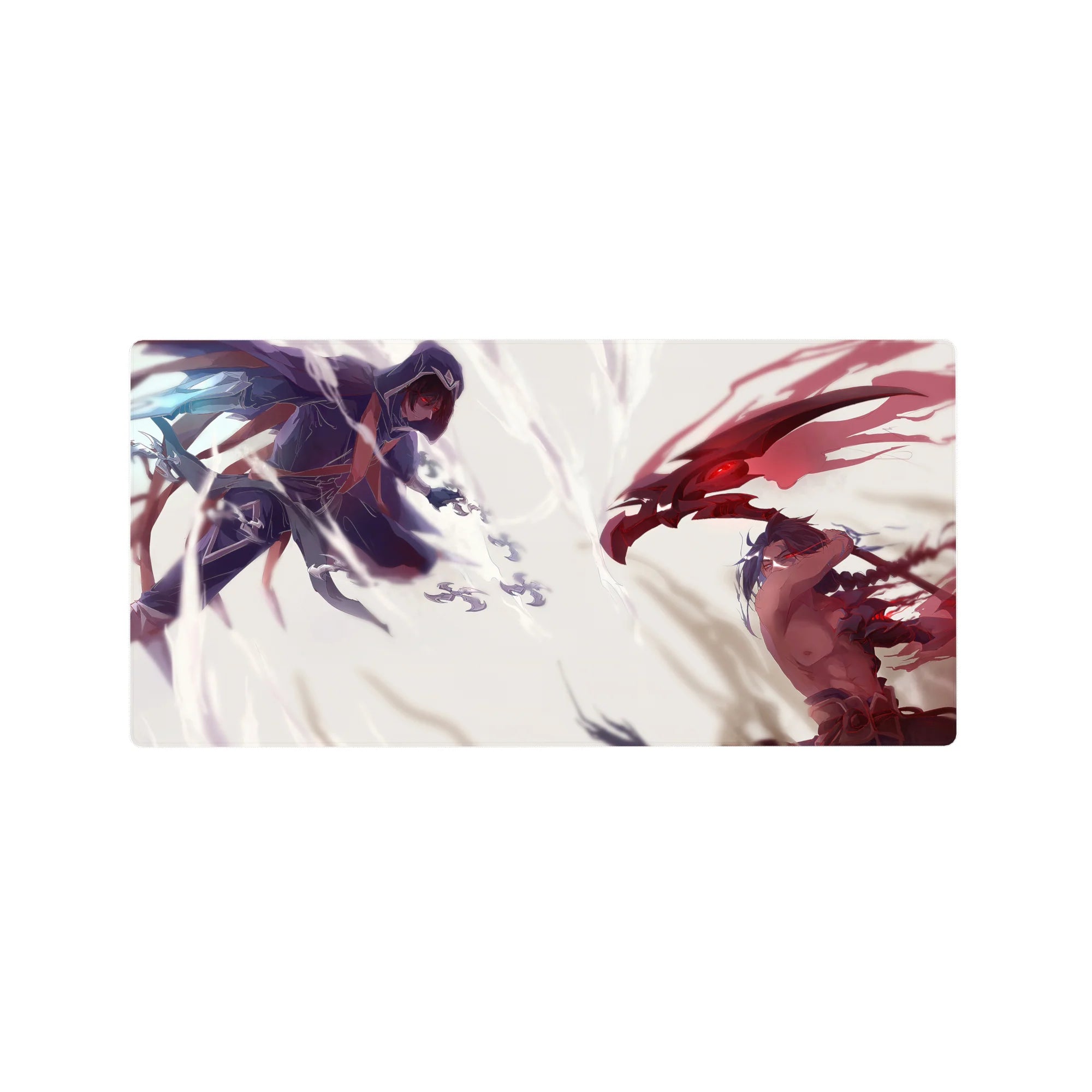 32x16 inches anime mouse pad with two airborne rivals, silver blades vs crimson wing energy, stormy split scene.