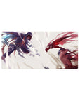 32x16 inches anime mouse pad with two airborne rivals, silver blades vs crimson wing energy, stormy split scene.