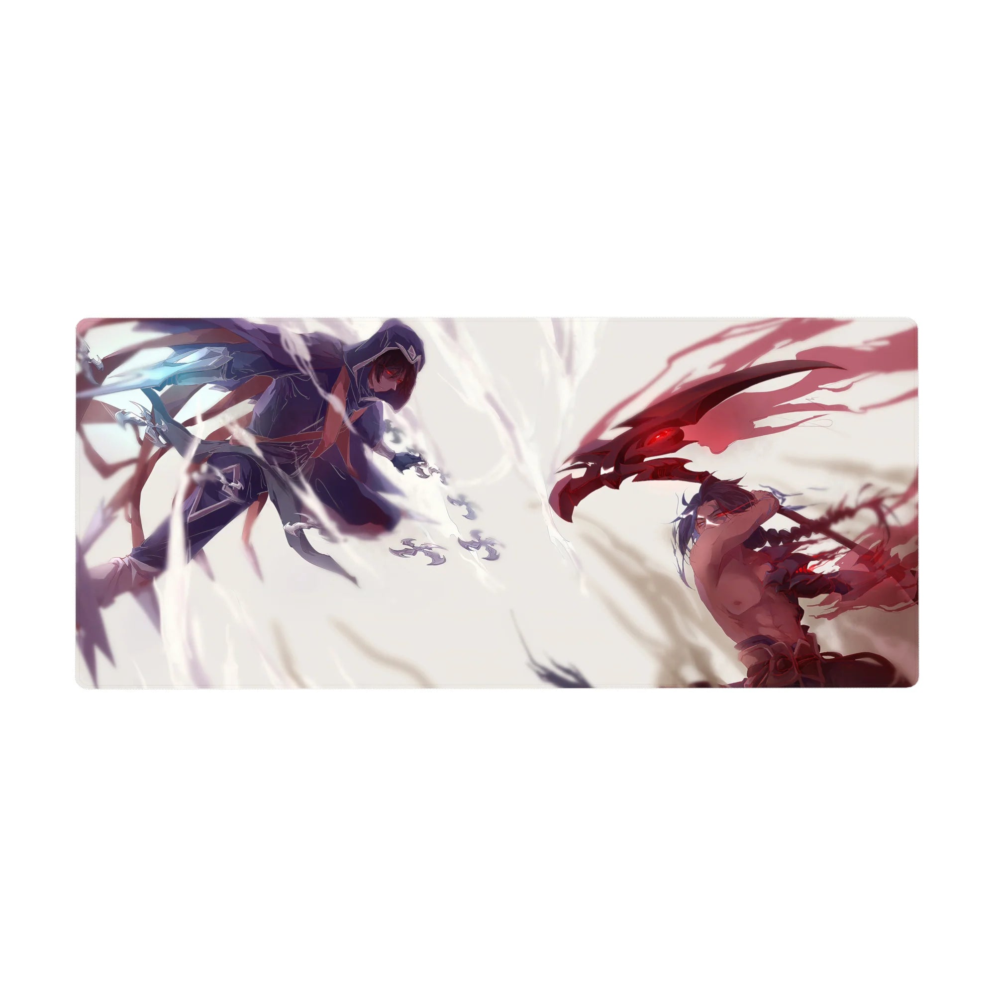 36x16 inches anime desk pad with two rivals colliding mid-air under a white storm, dynamic brush lines.