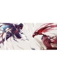 36x16 inches anime desk pad with two rivals colliding mid-air under a white storm, dynamic brush lines.